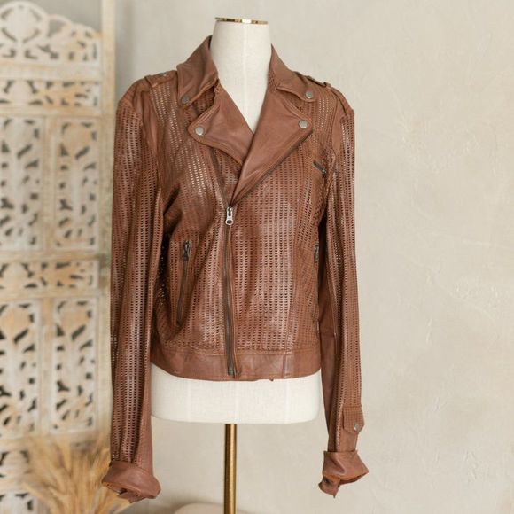 Women’s jakett New York Brown‎ Leather Perforated Moto Jacket sz M - Picture 3 of 17